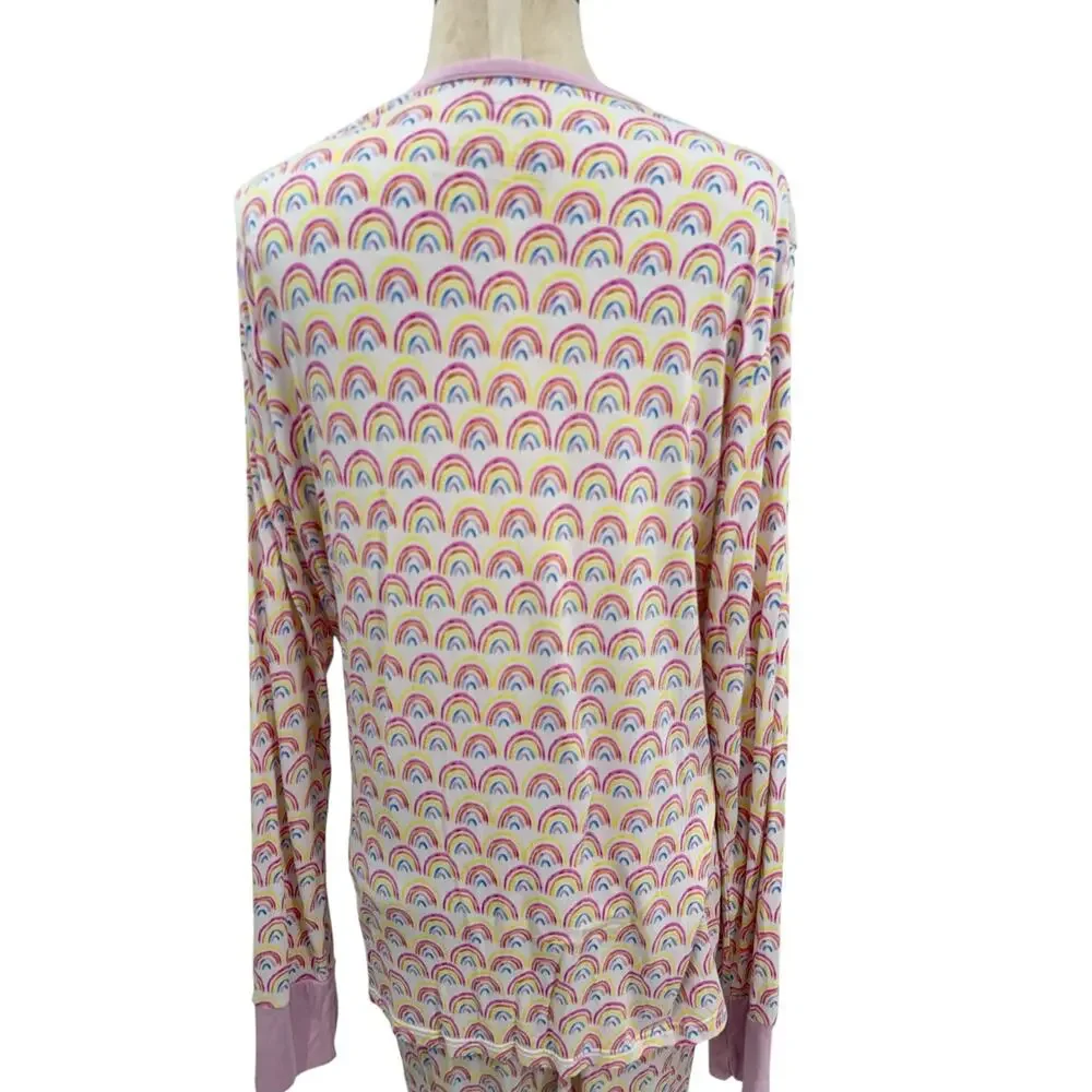 Little Sleepies Pastel Rainbows Bamboo Two Piece Pajama Set Pink Women's Large